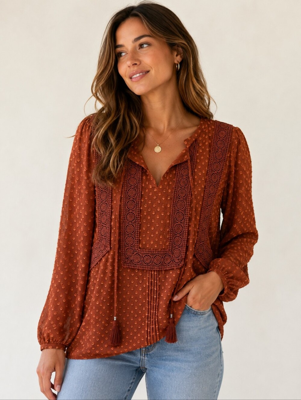 DR2 Rust Brown Swiss Dot Crochet Trim Boho Tunic Blouse Size Large